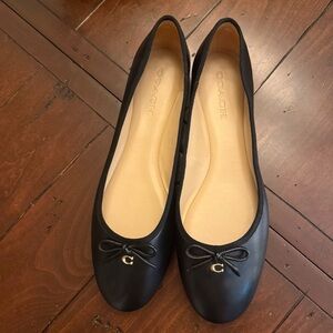 Coach Black Leather Flats with Bow Accent